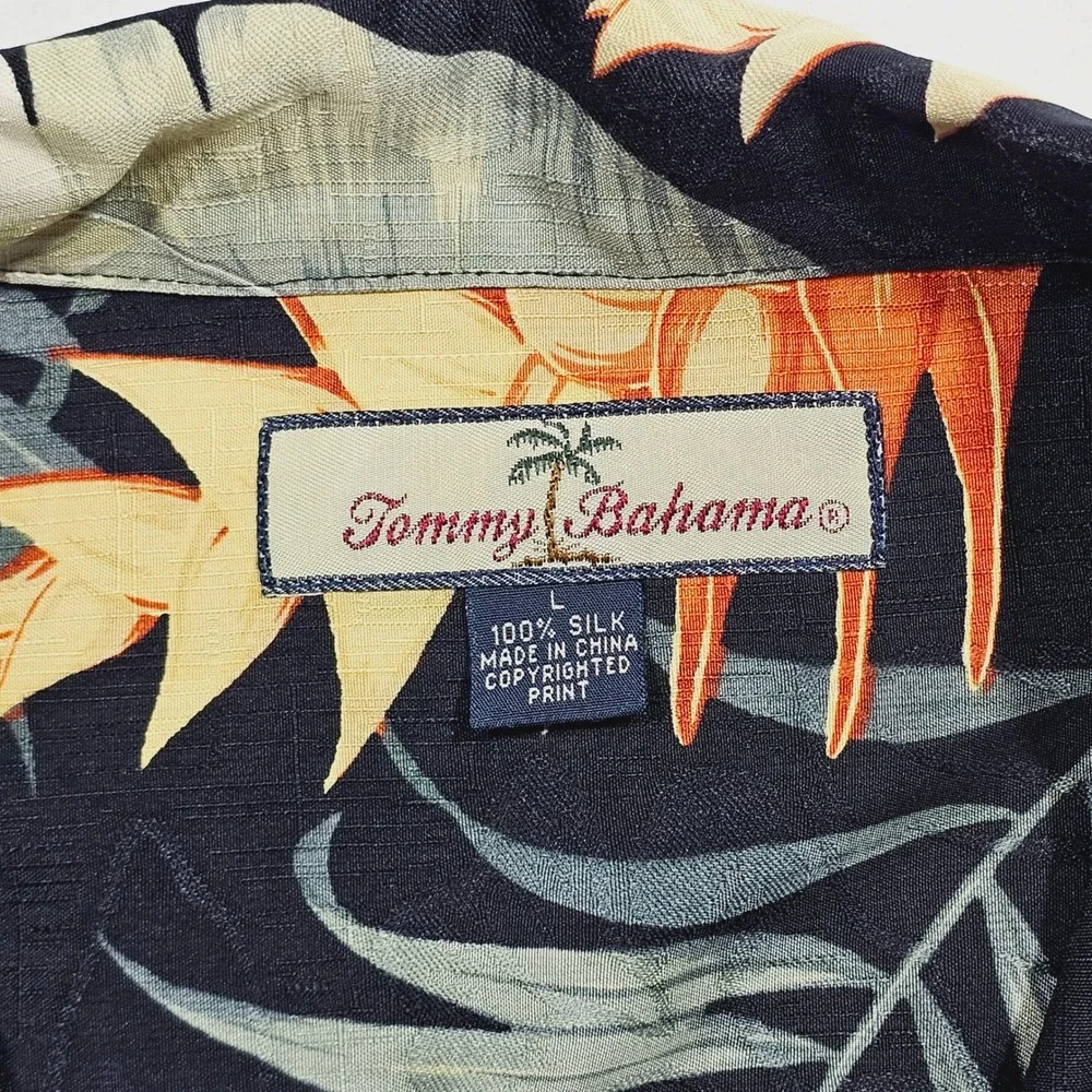 Tommy Bahama Button Up Mens L Black Orange Silk Tropical Palm Leaf Hawaiian